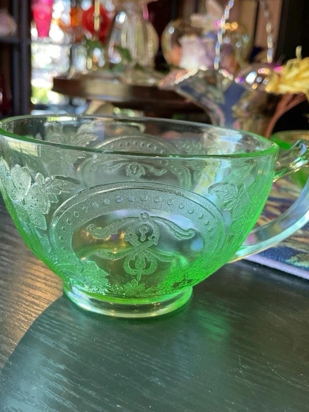 Green Etched Glass Tea Cup - Elegant Floral Pattern